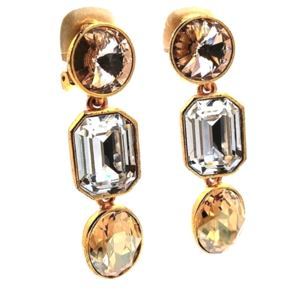 18K Oscar De La Renta Rose Clear Taupe Swarovski Crystals Clip on Drop Earrings - Picture 4 of 9
